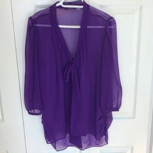 Dex Sheer Purple V-Neck Bow Front Blouse Size M